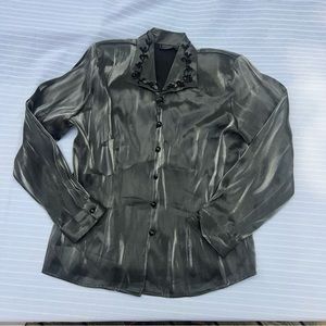 Vintage Women’s Silver Shiny Size Large Button-Down Blouse